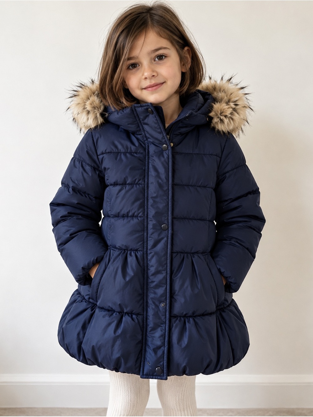 GAP Navy Hooded Puffer Coat with Faux-Fur Trim